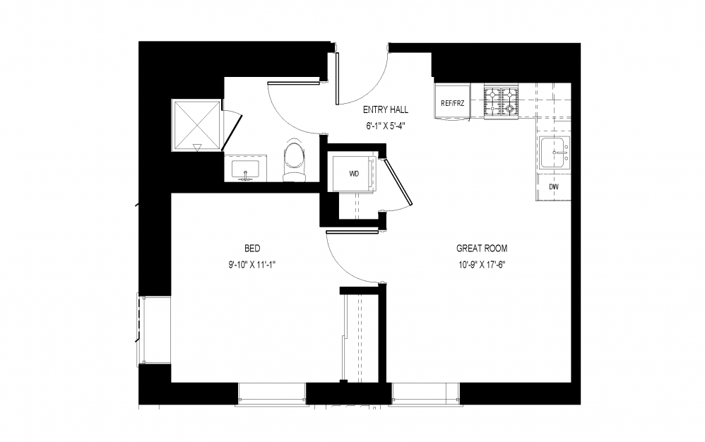 M-C34 - 1 bedroom floorplan layout with 1 bath and 522 square feet.