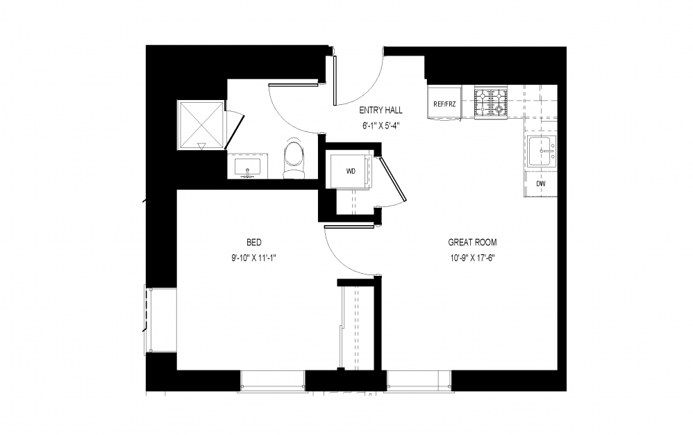 M-C45 - 1 bedroom floorplan layout with 1 bath and 598 square feet.