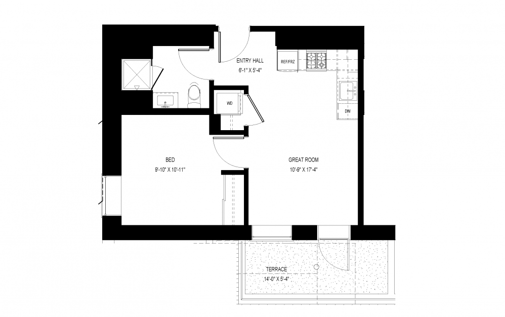 M-C35 - 1 bedroom floorplan layout with 1 bath and 522 square feet.