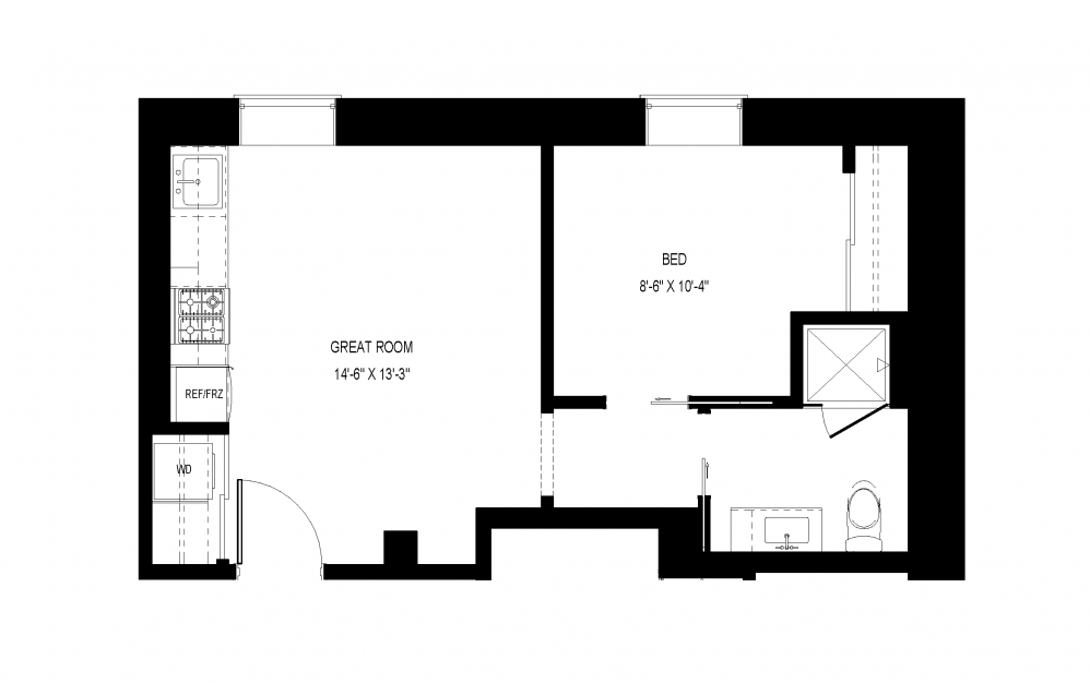 M-C37 - 1 bedroom floorplan layout with 1 bath and 479 to 485 square feet. (Floor 2)
