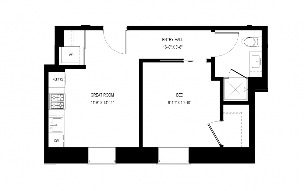 M-C38 - 1 bedroom floorplan layout with 1 bath and 459 square feet.
