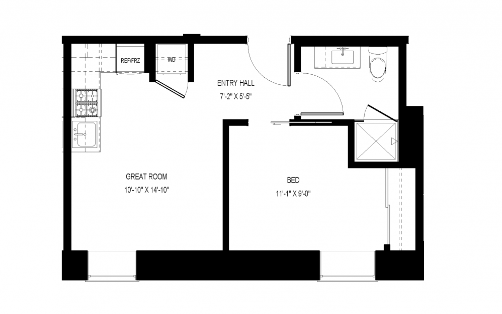 M-C39 - 1 bedroom floorplan layout with 1 bath and 429 square feet.