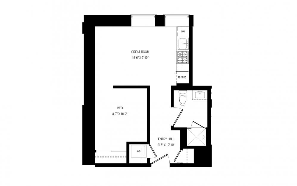 M-C4 - 1 bedroom floorplan layout with 1 bath and 455 square feet.
