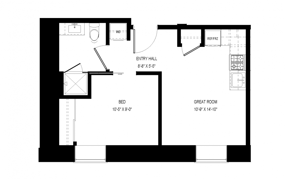 M-C41 - 1 bedroom floorplan layout with 1 bath and 469 square feet.