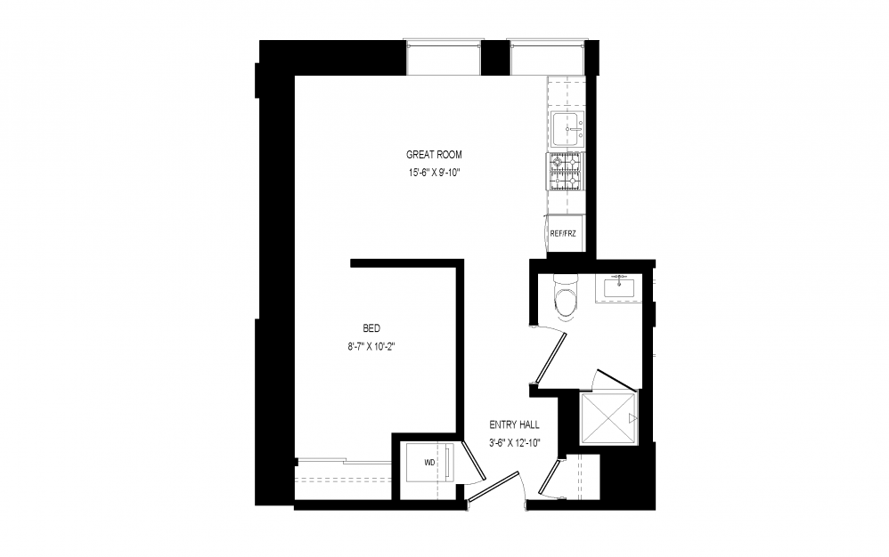 M-C42 - 1 bedroom floorplan layout with 1 bath and 455 square feet.