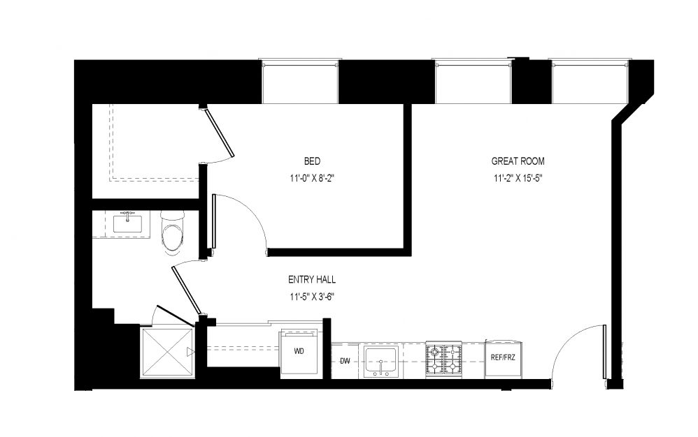 M-C43 - 1 bedroom floorplan layout with 1 bath and 550 square feet.