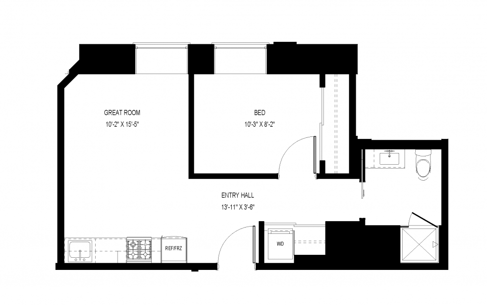 M-C44 - 1 bedroom floorplan layout with 1 bath and 509 square feet.