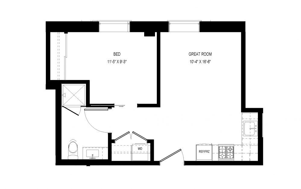 M-C46 - 1 bedroom floorplan layout with 1 bath and 460 square feet.