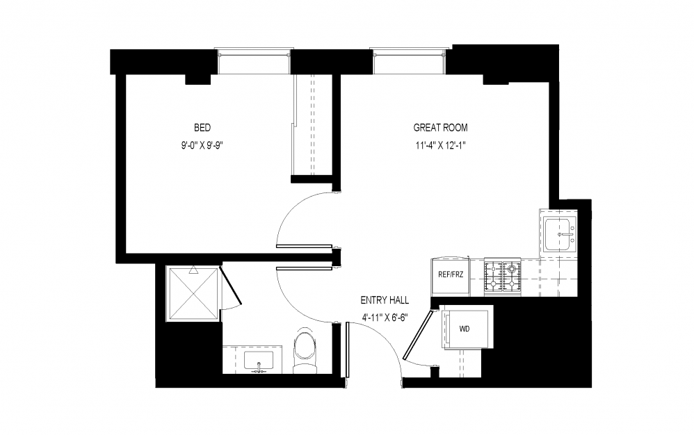 M-C47 - 1 bedroom floorplan layout with 1 bath and 421 square feet.