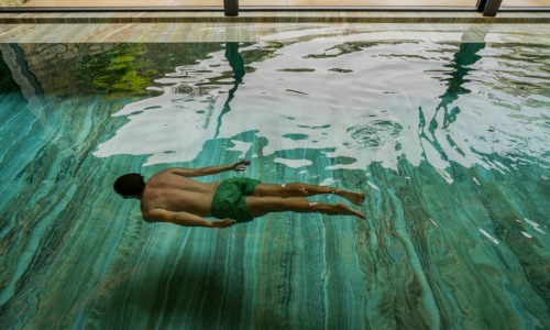 happy dog swimming in indoor pool - pet friendly indoor pool